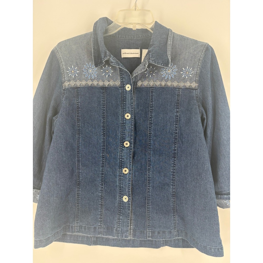 Alfred Dunner Denim Jacket Womens 16 Blue‎ Embellished 3/4 Sleeve Button Up